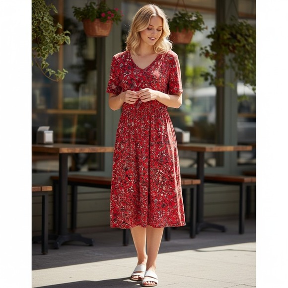 Christopher & Banks Dresses & Skirts - Christopher‎ & Banks Womens XL Dress V Neck Red Floral Stretch Cottage Rayon